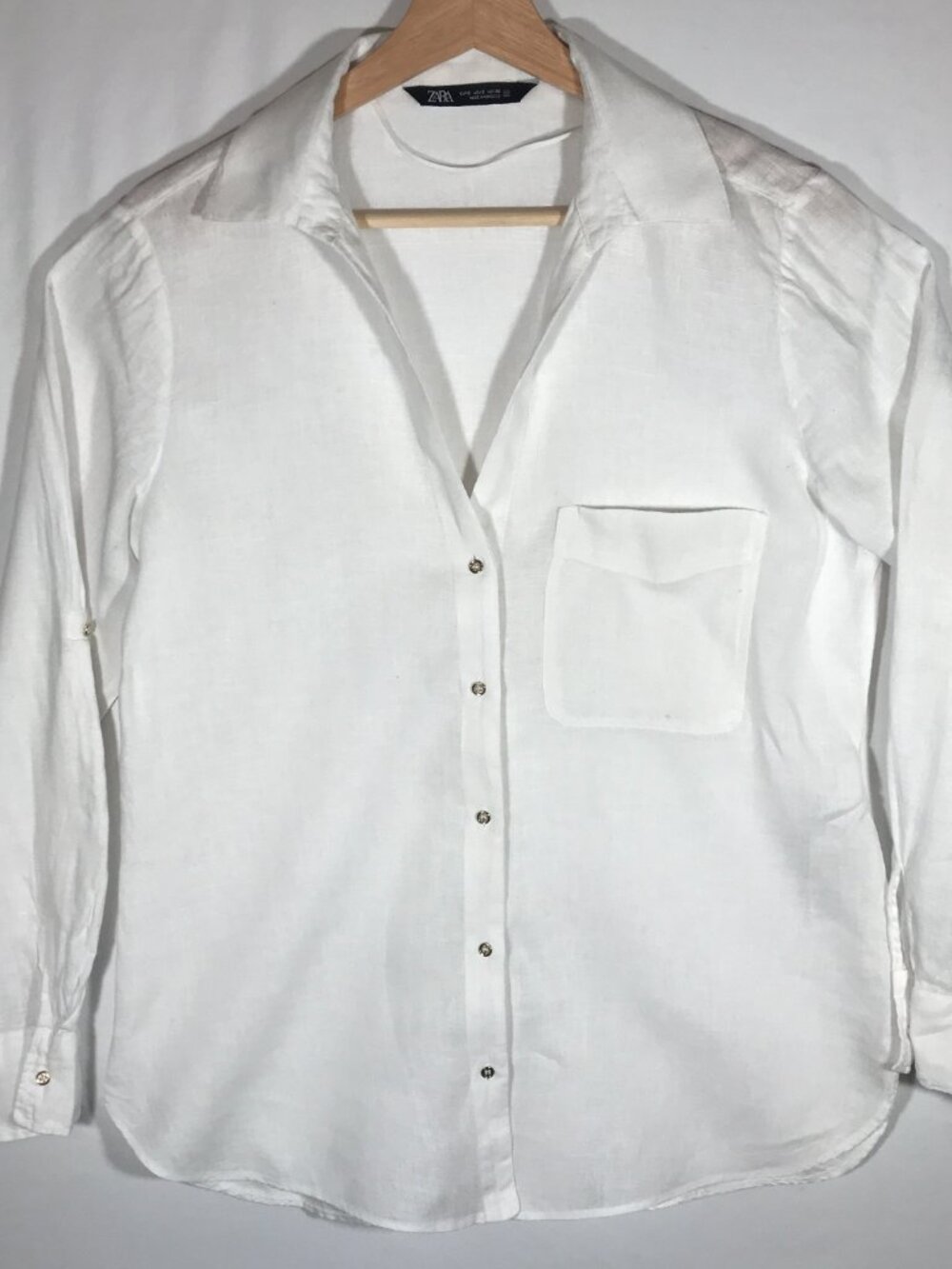 Zara Women's Small White 100% Linen Roll Tab Long Sleeve Button Up Top Blouse